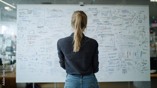 femme d'affaires debout de dos devant un tableau avec courbes et graphiques