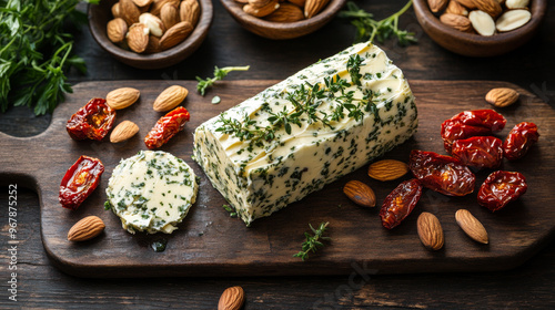 Herb-infused butter log served with sundried tomatoes, toasted almonds, and fresh herbs on a rustic cutting board for a gourmet appetizer