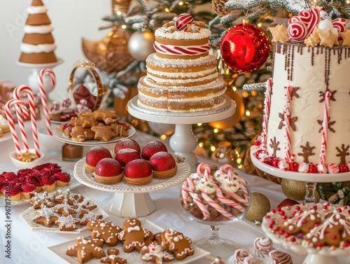 Festive Christmas dessert table with gingerbread cookies, cakes, and candy canes.