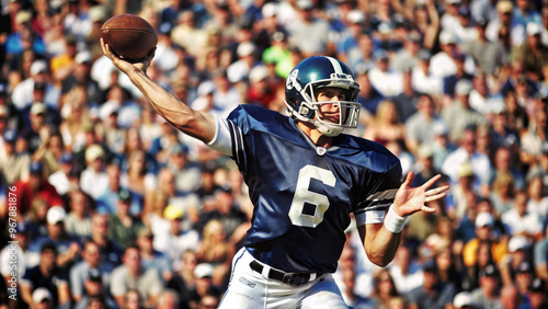 A quarterback throwing football in professional game, showcasing athleticism and focus amidst cheering crowd. energy of moment is palpable