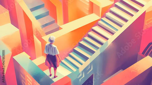 Grandma in labirynt - navigating impossible stairs and structures, in a maze with abstract elements. Maze. Illustration