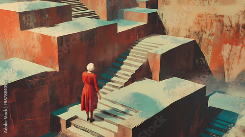 Grandma in labirynt - navigating impossible stairs and structures, in a maze with abstract elements. Maze. Illustration