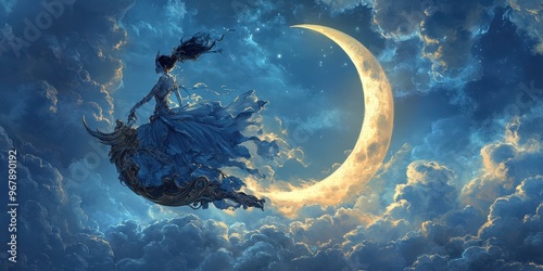 Celestial Moon Goddess on Crescent Chariot with Swirling Clouds