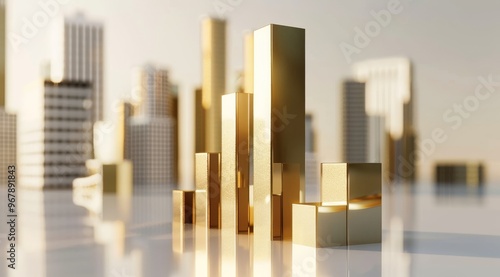 3D render of a gold bar graph Gold trade chart stock analysis on growth financial business money market with profit investment exchange graph data concept and global economy currency diagram