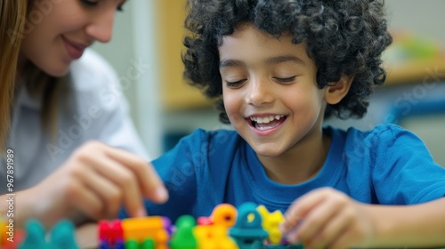 Empowering Inclusive Play: Young child with physical disabilities exploring tactile toys with counselor's support