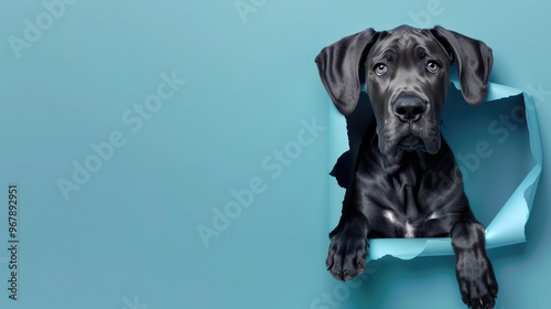 cute great dane peeking through a hole in a blue paper wall