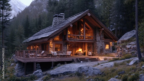 A cozy mountain cabin with a wraparound porch, wooden interiors, and a roaring fireplace, offering a warm retreat in the heart of nature.