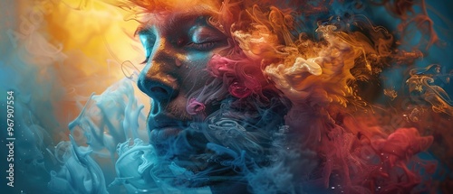 A surreal portrait blending vibrant blue and orange smoke with a serene face, evoking a sense of mysticism and tranquility.