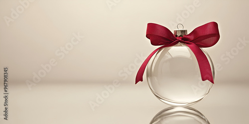 Clear glass bauble with a red ribbon on a reflective surface, creating a minimalist and elegant Christmas decoration