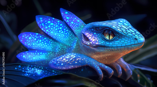 A shimmering, ethereal basilisk with glowing scales of iridescent blues and greens. Basilisk. Illustration