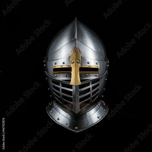 Medieval armor protection. Knight helm on black background