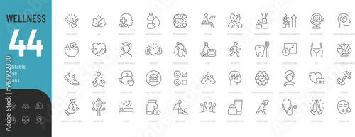 Wellness Line Editable Icons set. Vector illustration in thin line modern style of remotely mental health related icons: work-life balance, self-love, meditation, and more. Isolated on white