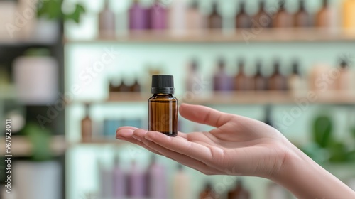 A closeup of a hand holding a small bottle of essential oil, with soft-focus shelves of essential oils and aromatherapy products in the background, 