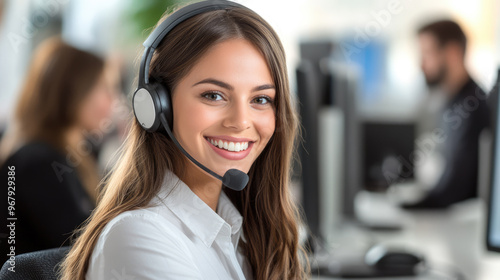 Female telemarketer support consultant, telephone customer helpdesk service operator woman smiling 