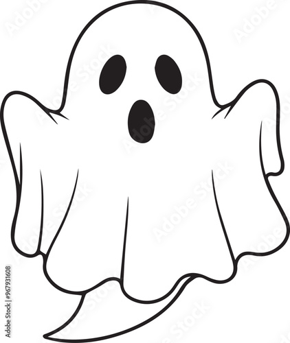 Generate a simple, cartoon-style ghost character. The ghost should be white, with a rounded, sheet-like body that flares out at the bottom in a wavy pattern. It should have big, round, black eyes 