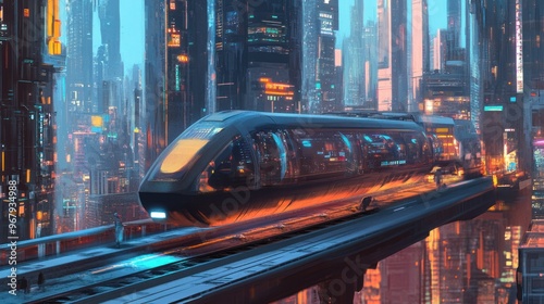 Futuristic Cityscape with Elevated Train and Glow