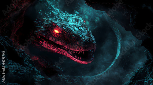 Ferocious basilisk emerging from a dark cave, eyes glowing with an intense red light, detailed scales and a menacing presence, fantasy illustration. Basilisk. Illustration