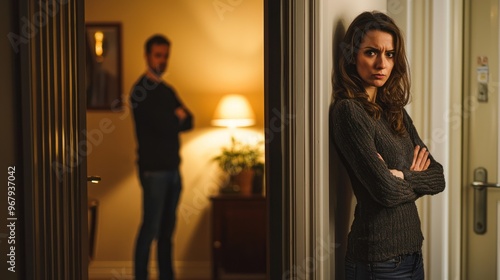 A jealous wife standing in the doorway, arms crossed, as her husband arrives home late.