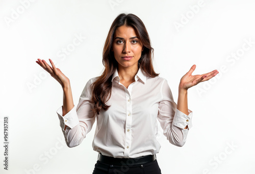 Confused businesswoman shrugging shoulders posing in studio white background portrait corporate business woman confused expression emotion undecided puzzled office worker lady manager female