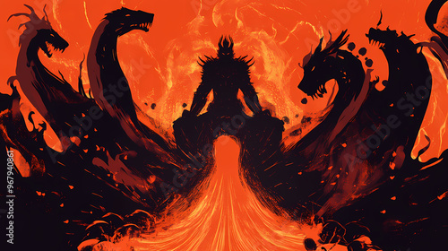 Hades in his underworld throne, with cerberus at his feet and souls swirling around. minimalist. Cerberus. Illustration