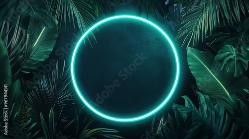 Circular neon light in a jungle setting, with tropical leaves glowing in shades of green and blue