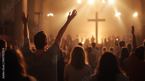 People worship together with raised hands in a church setting, illuminated by warm light and centered around a large cross.