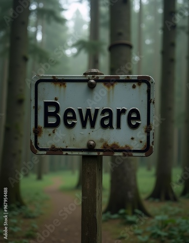 Rustic Beware metal sign amidst lush forest backdrop