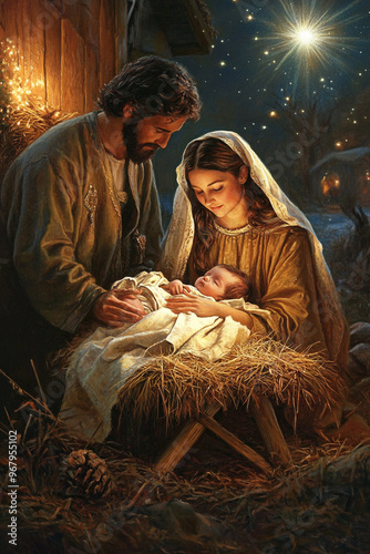 Nativity of Christ. Mary, Joseph and baby Jesus, surrounded by animals and warm light, festive atmosphere, religion of Christmas