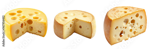 set of a wheel of Emmental cheese with large holes and a golden rind on a transparent background