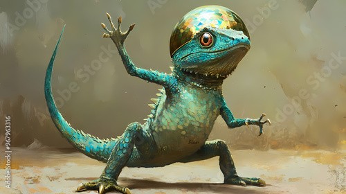 Humorous basilisk attempting limbo in disco ball helmet. Basilisk. Illustration