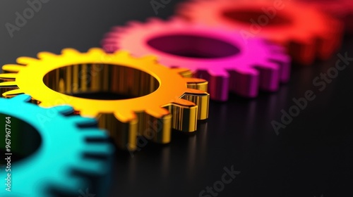 A series of interconnected gears and cogs, gradually lighting up in bright colors as they move forward, a smooth onboarding process in an organization