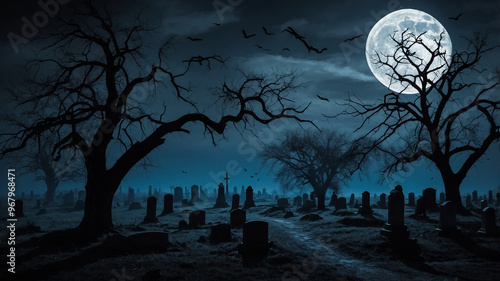 Spooky graveyard with full moon, tombstones, barren trees, bats, and dark sky, eerie ambiance at night.