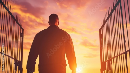 Prisoner being released, walking out through the gates into the sunlight, Life after prison, freedom