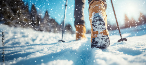 Winter hiking in snow-covered forest. Close-up of boots and snow with sun flare. Winter sports and outdoor activity concept.