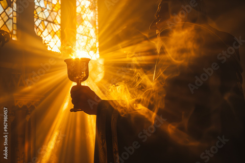 Catholic priest holding up chalice with golden light.