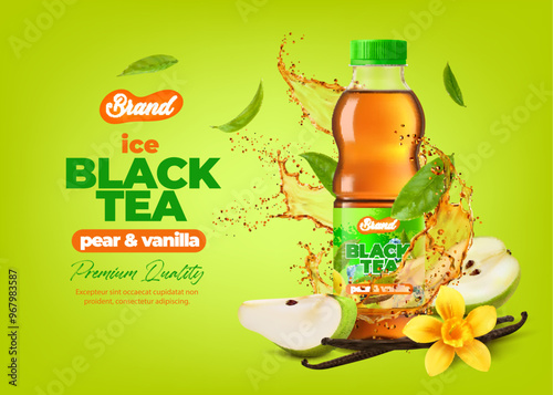 3d realistic black tea bottle with vanilla, green pear and drink splash. Vector ads banner with refreshing product, showcases a tea bottle, green leaves, vanilla beans or blooms and fresh pear slices