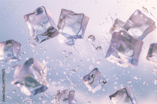 Frozen ice cubes suspended in mid-air, no container or surface visible