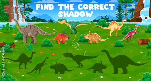 Find the correct shadow of prehistoric dinosaurs. Kids vector game worksheet with cartoon dino characters and their silhouettes. Fun activity for children, preschool or kindergarten educational riddle