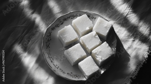 A plate of raw sugar cubes on a table.