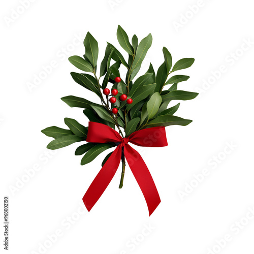 Festive holiday arrangement with green leaves, red berries, and a bright red ribbon, perfect for Christmas decorations and seasonal celebrations. isolated PNG transparent background. 