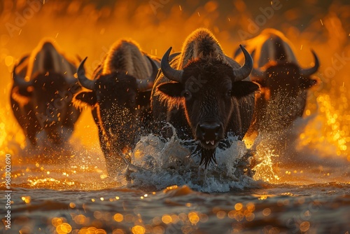 Dramatic Charge of a Herd of Mighty Buffaloes in an Oranged Hued Wilderness Landscape