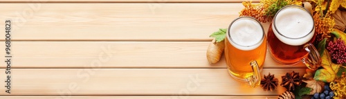 Autumn Beer on Wooden Background with Fall Leaves and Pine Cones