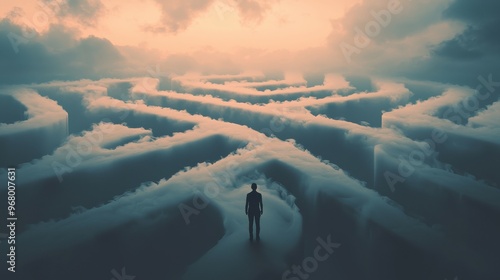 Labyrinth of Lost Intentions: A person standing at the entrance of an abstract labyrinth made of clouds and light, where the walls constantly shift and change