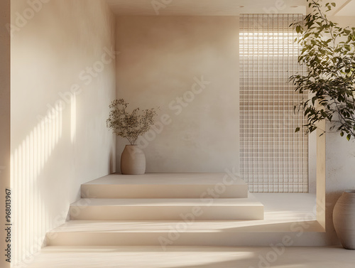 Minimalist Zen Interior: A serene and minimalist interior design scene featuring a three-tiered platform, a potted plant, and a grid-patterned wall, bathed in soft natural light.