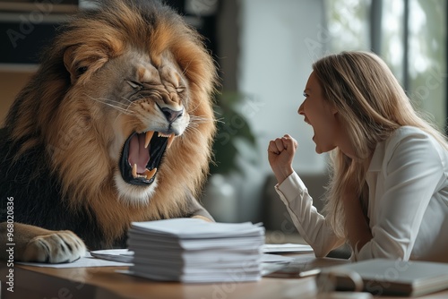 Businesswoman confronting a roaring lion in an office setting, symbolizing fierce negotiation, challenge, and determination