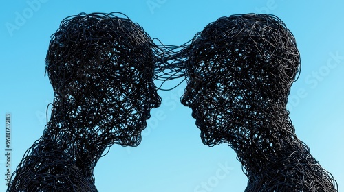 Two abstract human figures facing away from each other, their torsos connected by tangled wires or chains, representing an inescapable conflict of interests