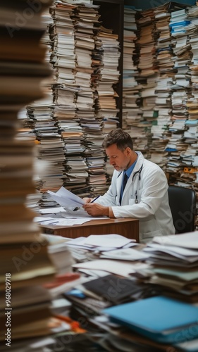 Doctor in a white coat sitting at a desk, filling out paperwork, with stacks of documents piled high around the desk. Concept of excessive paperwork in the medical field.