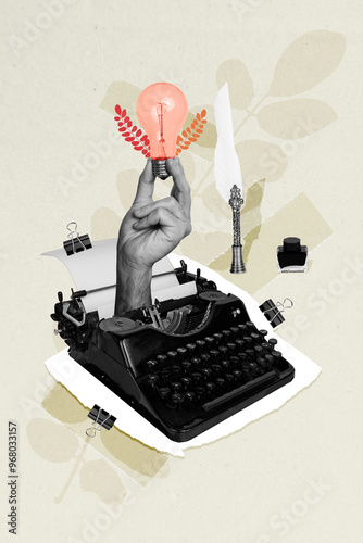 Creative drawing collage picture of typewriter hand hold electric bulb light feather ink pen weird freak bizarre unusual fantasy