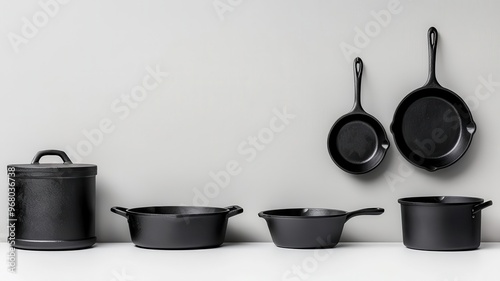 Cast Iron Cookware A set of cast iron skillets and Dutch ovens hanging on the wall, adding both functionality and a rustic aesthetic to the kitchen