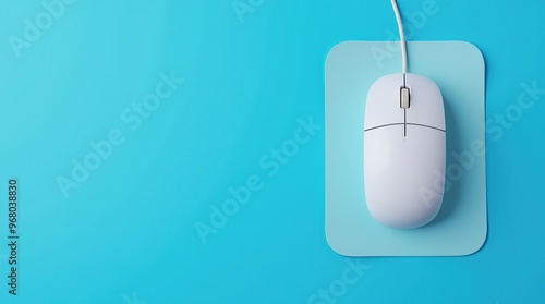 Top view of wired mouse on mousepad with blue background